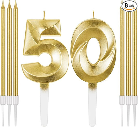 Mtlee Gold 50th Birthday Candles Set for Cakes Including Thin Metallic and Number Birthday Candles for Anniversary Celebration Party Topper Decorations Men Women