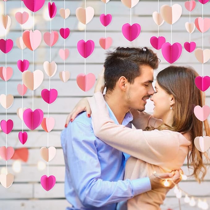 JijAcraft 120 Heart Garland Banner Hot Pink - Valentines Day Decorative 3D Paper Hanging Streamers for Engagement, Bachelorette, Home Decor, Wedding, Birthday Party