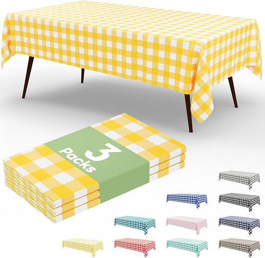 Smiry 3 Pack Yellow Gingham Disposable Tablecloths - 54" x 108" Heavy Duty Plastic Table Cloth, Waterproof Buffalo Plaid Table Covers for Picnic, Banquets, Outdoor Parties