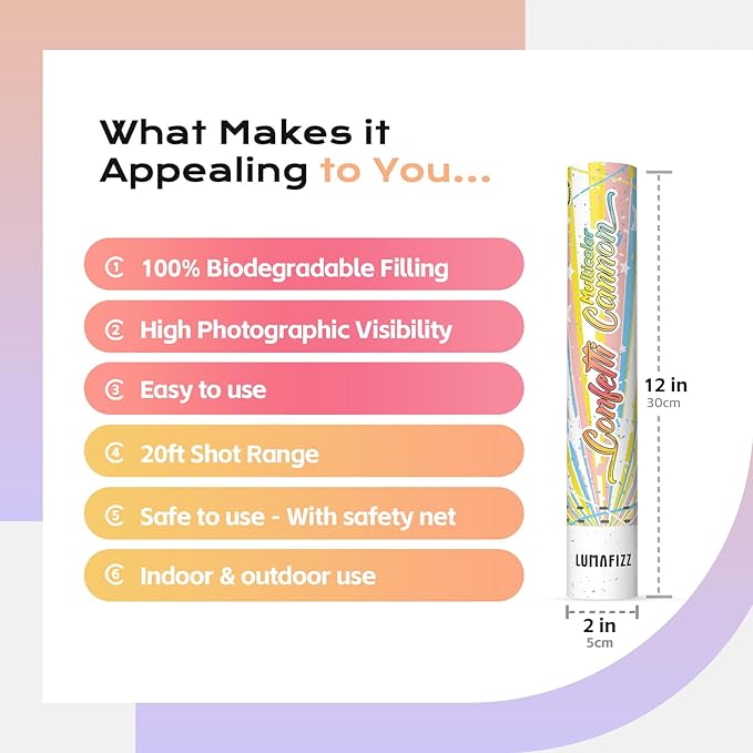 12 Inch Confetti Biodegradable [6 Pack] Confetti Cannons | Multicolor Confetti Poppers for Wedding,Birthday Party Christmas Eve and and New Year Celebration