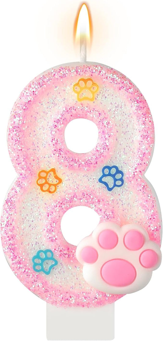 AKURIEEY Dog and Cat 8th Birthday Candle Pink Numbers 8 Candle Paw Cake Topper Cupcake Decorations for Pet Theme Party Decor Anniversary Celebrations Supplies