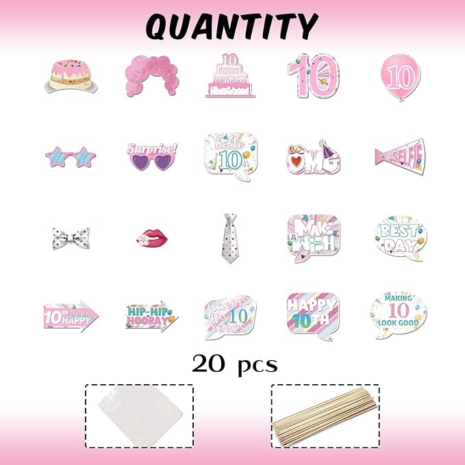 20 Pcs Girl 10th Birthday Photo Booth Props Kit, Pink Ten Birthday Party Selfie Decorations, Girl Kid's 10th Bday Party Photography Supplies