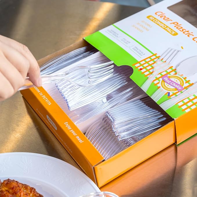 Heavy Duty Plastic Silverware - Clear Utensils Disposable Cutlery Set Pack of 90-30 Forks 30 Spoons 30 Knives