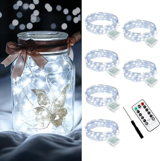 AIKEI 6 Pack LED Fairy Lights with Timer Battery Operated, Mini String Lights with Remote Waterproof 7ft 20 Led Firefly Starry Lighting for Wedding Party Bedroom Garden Christmas Decoration White