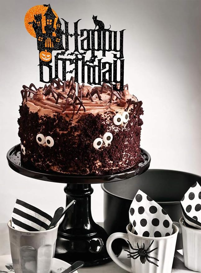 Halloween Birthday Cartoon Cake Topper with Spooky Haunted House Black Glitter Cake Decorations for Halloween Scary Theme Party Decor Supplies