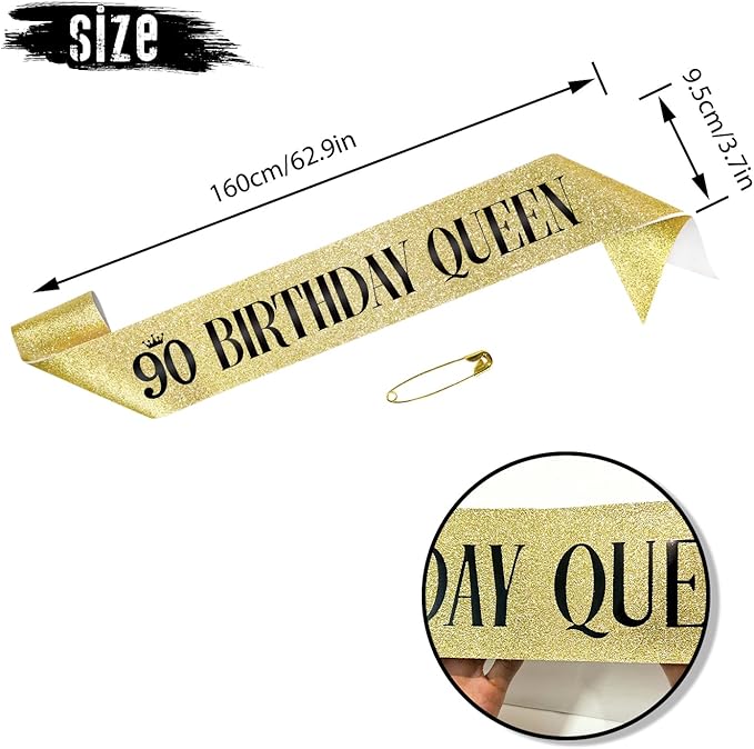 90 Birthday Queen 90th Birthday Sash for Women, Gold Glitter Sash with Black Foil