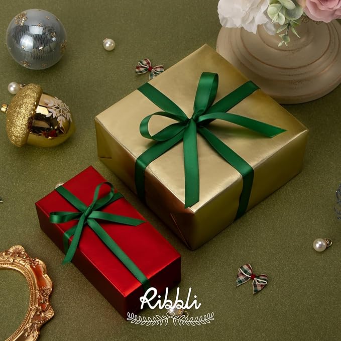 Ribbli Double Faced Forest Green Satin Ribbon,3/8” x Continuous 25 Yards,Use for Bows Bouquet,Gift Wrapping,Floral Arrangement