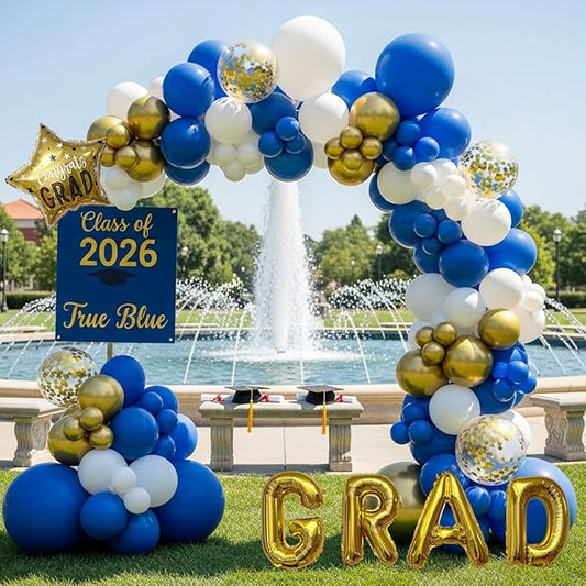 Graduation Balloon Arch Kit - 128Pcs Blue White and Gold Balloon Garland with 16" GRAD Letters, Star Foil and Confetti Balloons for Class of 2026 Grad Prom College Party Decorations