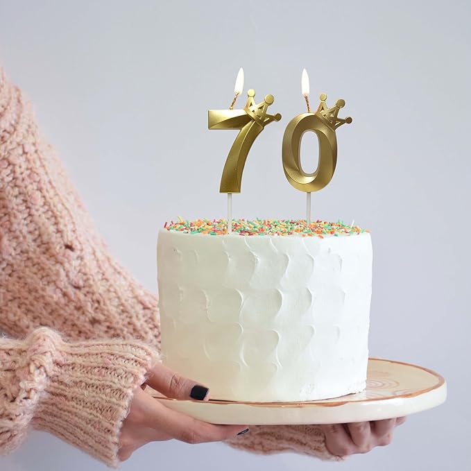 The Number 70 Gold Birthday Candles for Cake is Beautiful Number Candles for 70th Birthday Decorations for Man and Women (Gold-70, Crown)