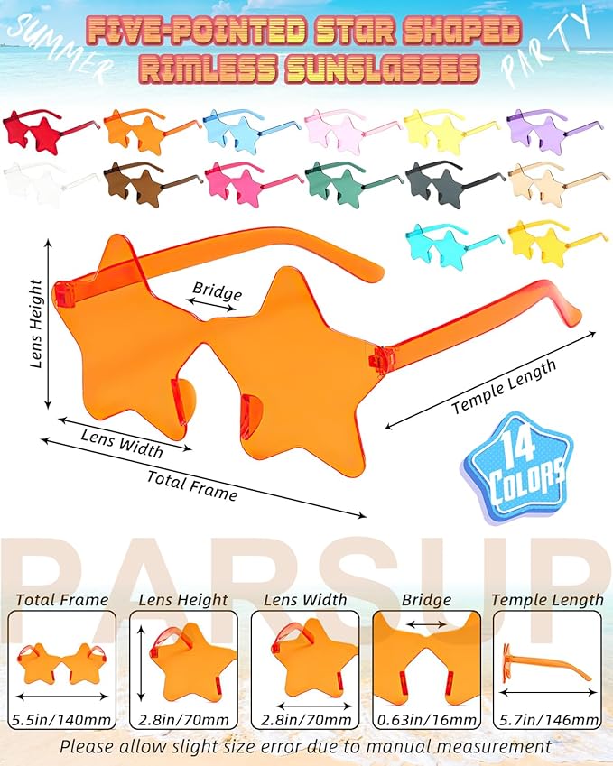 14 Pairs Star Shaped Rimless Sunglasses Frameless Star Sunglasses Transparent Candy Color Glasses Tinted Eyewear Bachelorette Party Favors Photo Booth Props, Aircraft Box Well Packaged,14 Colors
