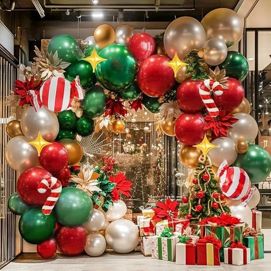 Christmas Red and Green Balloon Garland Arch Kit Pearl White Gold Foil Candy Cane Balloons With Gold 4-Point Star Balloons For Christmas Party Decorations