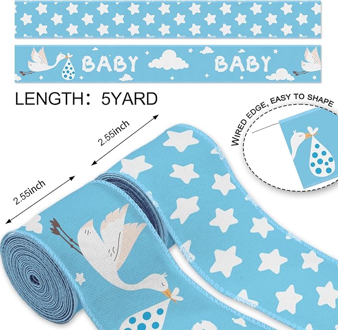 YKW 2 Rolls Baby Shower Ribbon Set, 2.5" Wide Satin Wired Edge Ribbons, Blue Sky Stork Design & Star Pattern, for Newborn Decorations, Gift Wrapping, DIY Crafts,Birth Announcement Party Supplies
