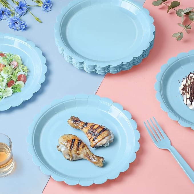 105PCS Paper Plates and Napkins Set, 7 Inch Scalloped Disposable Tableware with Forks for Birthdays, Garden Parties & Outdoor Events, Serves 35 (Light Blue)