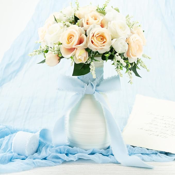 Baby Blue Cotton Ribbon 1 Inch Baby Blue 3 Rolls 21 Yards Frayed Edge Fabric Set for Baby Shower, Wedding Invitations, Nursery Decor, Christening & First Birthday Party