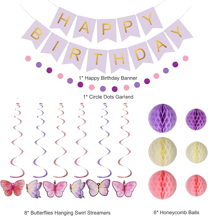 meowtastic Birthday Decorations, Happy Birthday Banner with Honeycomb Balls, Butterfly Hanging Swirl Streamers, Circle Dots Garland, Happy Birthday Party Decorations for Women Men Boys Girls (Purple)