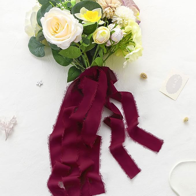 Ribbon, Burgundy Chiffon Ribbon for Flower Bouquet, Silk Ribbons for Crafts, 6 Rolls x 7Yd Each, 1 1/2 inch W x 42Yd Total, Wedding & DIY Crafts for Mothers Day