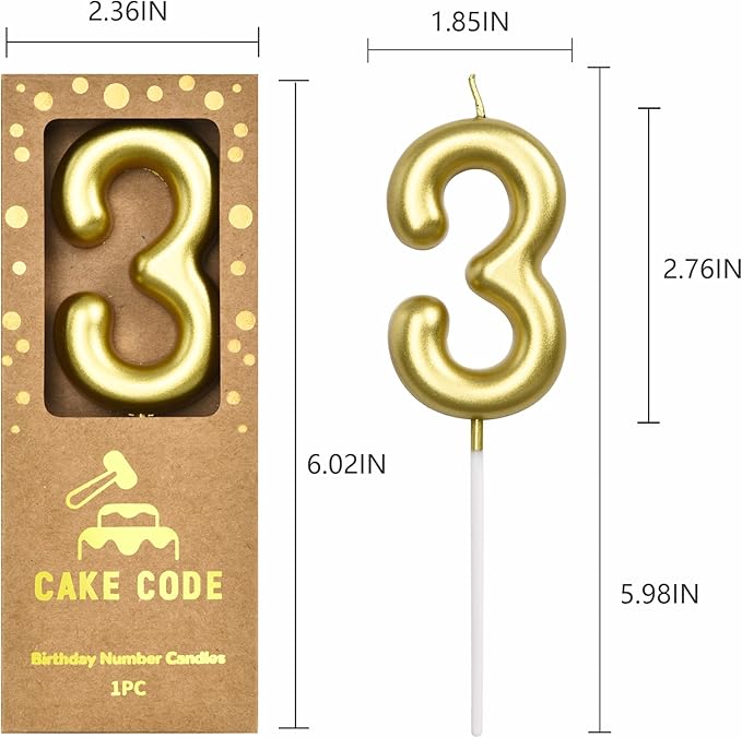 2.76 Inch Classical Gold 3 Number Birthday Candles, Gold Number Candles, Cake Number Candles, Party Celebration