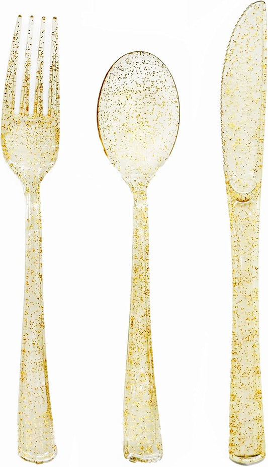 150 Pack Gold Plastic Silverware, Glitter Plastic Silverware Heavy Duty -50 Gold Glitter Forks, 50 Knives, 50 Spoons for Birthday, Baby Shower, Bridal Shower, Family Gathering