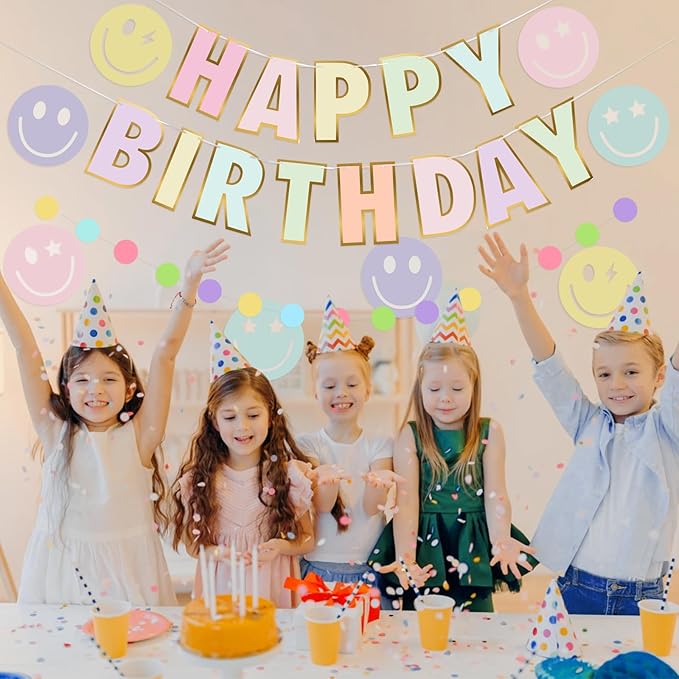 Pre-Strung Happy Birthday Banner, NO DIY Birthday Decorations with Circle Dot Garland and Preppies, Happy Birthday Party Decorations for Women Men Girls Boys (Pastel)