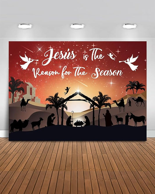 Mocsicka Christmas Nativity Backdrop Blue Large Merry Christams Party Decorations Banner Xmas Christmas Jesus is The Reason for The Season Background Photo Booth (Red, 12x10ft(144"x120"))
