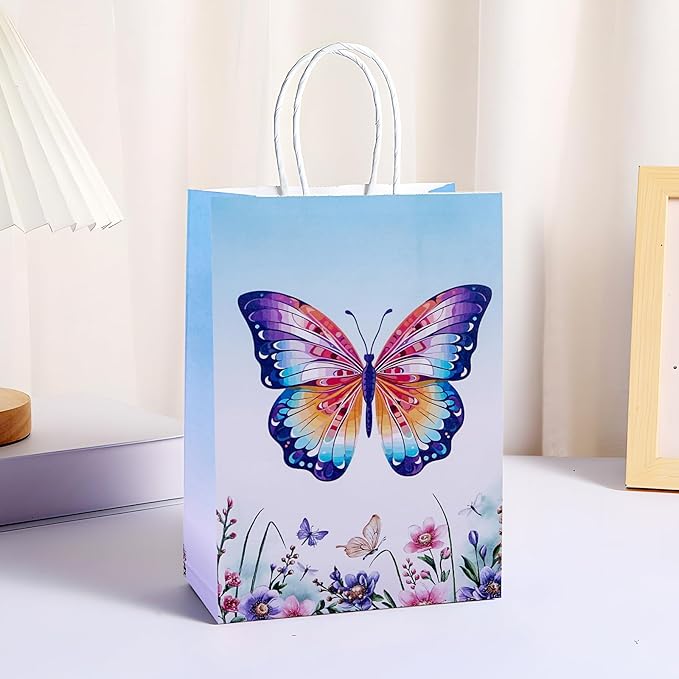 JALEBRO 24PCS BUTTERFLY Party Favors Gift Bags Bulk with Handle, Paper Snack Treat Goodie Bag for BUTTERFLY Theme Goody Bags Birthday Party Decorations Supplies 8"x5.9"x3.1"