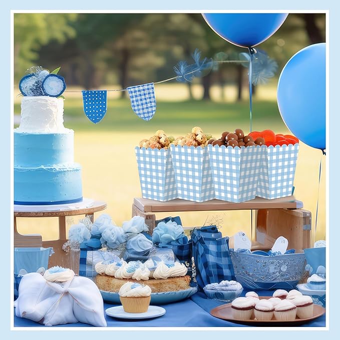 Gueevin 100 Pcs Blue Gingham Popcorn Boxes with Scalloped Mini Popcorn Boxes Small Gingham Blue Party Favor Bulk for Movie Night Decorations Bridal Baby Shower Party Supplies