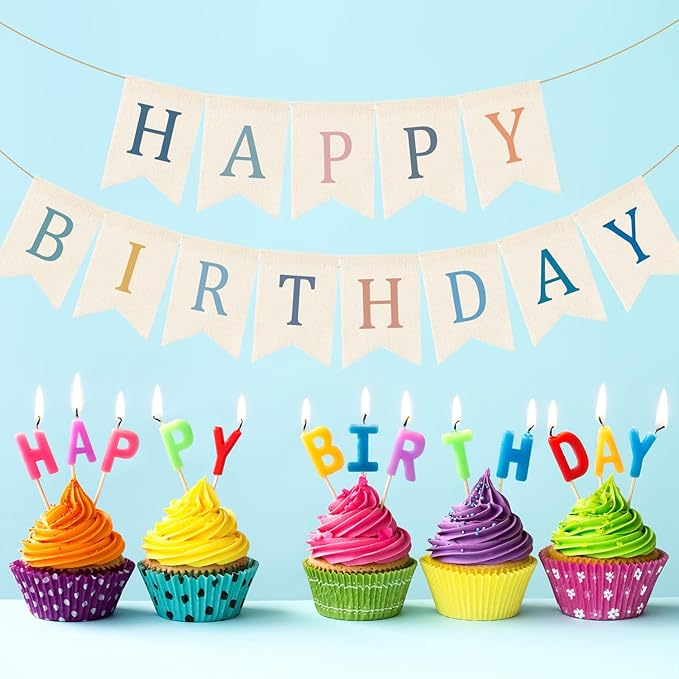 Doumeny Happy Birthday Burlap Banner Boho Birthday Bunting Garland Blue Pink Bohemian Party Sign Flag Colorful Happy Birthday Bunting Banner Rustic Birthdays Garland Flag for Wall Home Porch Door