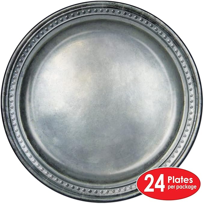 Beistle 24-Pack Pewter Paper Plates, Silver Medieval Tableware Accessories, Royal Knight Halloween Parties & Festive Castle Themed Events, 9"