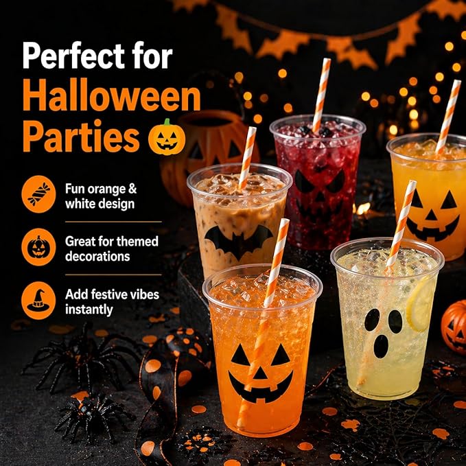 100 Pack Orange and White Striped Paper Straws, 7.75" Disposable Drinking Straws, Paper Party Straws for Halloween, Birthday, Bridal Shower and New Year Supplies