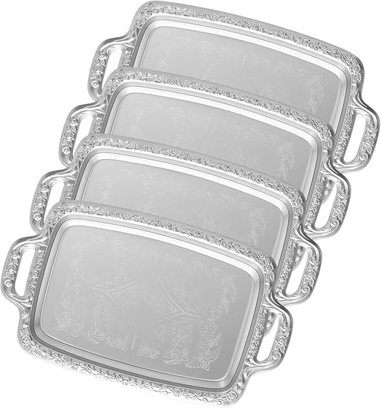 4 Pcs Silver Serving Tray with Handles, Vintage Floral Metal Silver Platter Tray, Elegant Silver Trays for Wedding Tableware Party Decoration