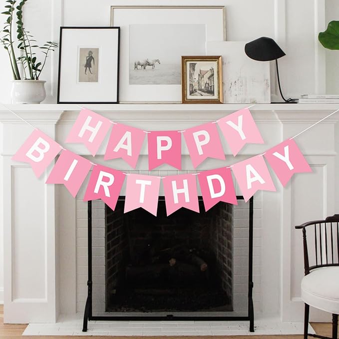 Happy Birthday Banner Birthday Party Banner NO DIY Happy Birthday Sign Pre-Strung Birthday Hanging Decoration for Women Men Girl Boy Party Supplies (Pink)