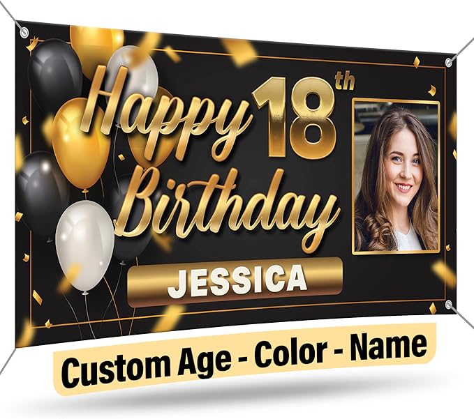 Custom Birthday Banner by DOT4DOT - ANY AGE - Personalized Sign with photo for Happy Birthday, Bday, Kids, Parties, Party, Congratulations (2x4, Celebration 3)