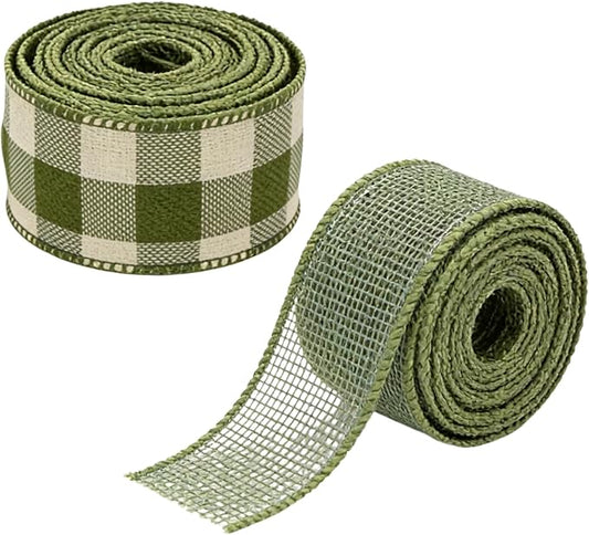 Meseey 1.5 Inch Green Burlap Wired Ribbon Set, 2 Rolls Total 10 Yards Solid Sage Green & Green White Buffalo Check Wired Edge Ribbons for Gift Wrapping, Wreaths, Crafts, Farmhouse Home Decorations