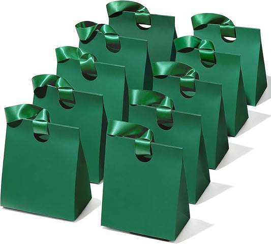 Vitalizart Paper Gift Bags With Ribbon Handles Set of 10 Green Bulk Reusable For Gift Wrap Girls Kids Birthday Bridal Shower Party Favors Goodie Bags Candy Christmas 5.91"x3.54"x7.28" Small