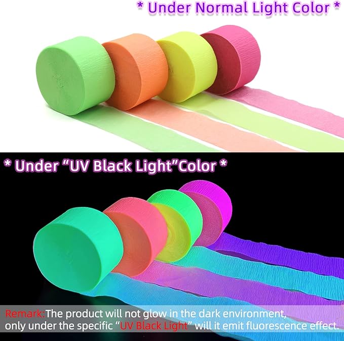 1320feet Blacklight Party Streamer Decorations 12 Rolls Glow Crepe Paper UV Reactive Fluorescent Neon Paper Streamers Glow Party Supplies and Decorations for Wedding,Birthday,Neon Party,Fiesta Party
