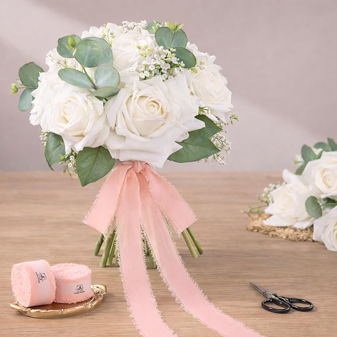 DORIS HOME Blush Pink Chiffon Ribbon for Flower Bouquet, 1" x21Yd Fabric Ribbon for Gift Wrapping, Handmade Frayed Ribbon for Wedding Invitations/Christmas Decorations