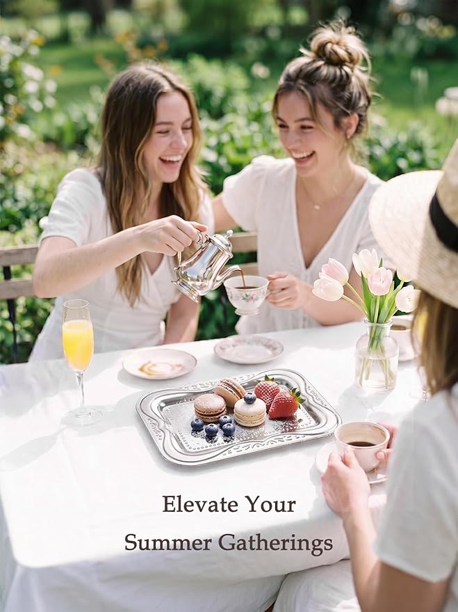4-Pack Silver Serving Trays Set - ZENOVLUX Lightweight Bow Floral Engraved Mirror Decorative Tray, 13.8" x 8.7" Wedding Party Platters for BBQ, Food, Appetizer, Charcuterie, Cookies, Desserts