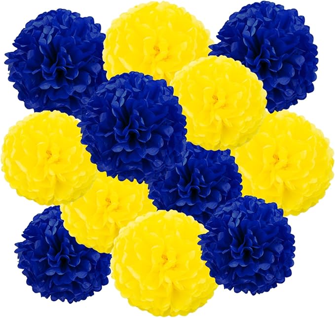 Yellow and Blue Tissue Pom Poms Paper Kit DIY Decorative Flowers Ball for Birthday Party Wedding Hanging Decorations Pack of 12 10in12in