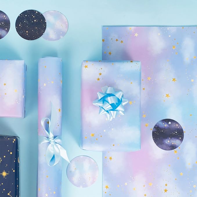 WRAPAHOLIC Neutral Galaxy Birthday Wrapping Paper Sheet - 12 Sheets Folded Flat with 12 Gift Tags for Birthday, Baby Shower, Father's Day, Christmas - 19.7 Inch X 27.5 Inch Per Sheet