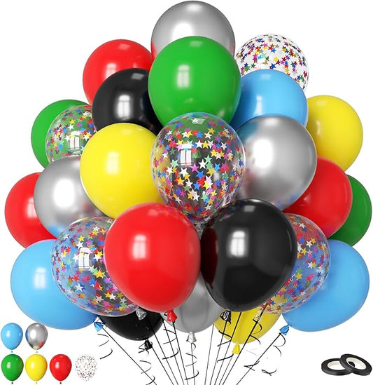 Multicolor Balloons, 60Pcs Red Yellow Blue Balloon, 12 Inch Latex Colorful Metallic Silver Green Black Red Blue Yellow Confetti Balloons Helium for Baby Shower Kids Birthday Wedding Party Decorations