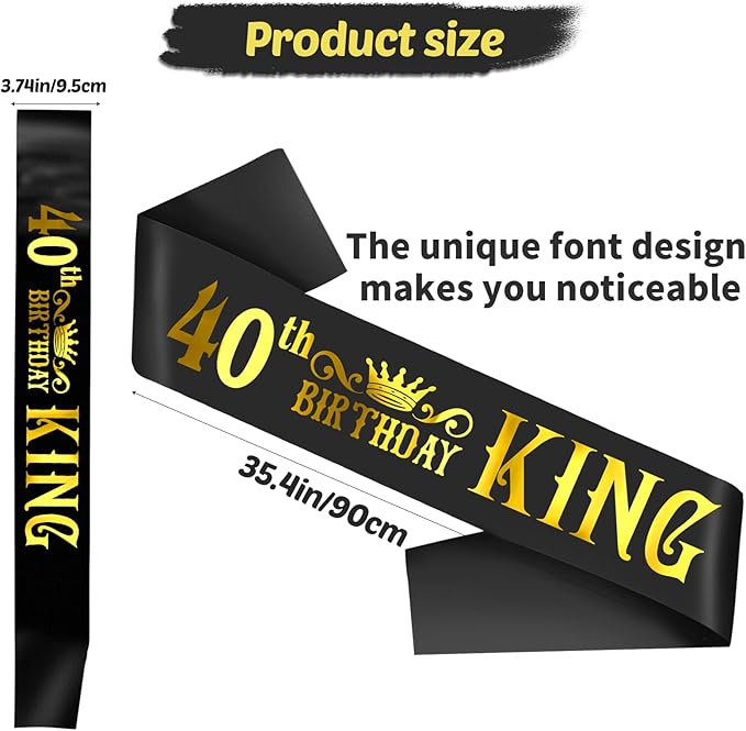 40th Birthday King Sash with Gold Foil - Soft Satin Black 40th Birthday Sash for Men 40th Fabulous Bday Party, Great for Men 40 Bday Gifts Ideas, Large Enough Size (35.4x3.74 inch)