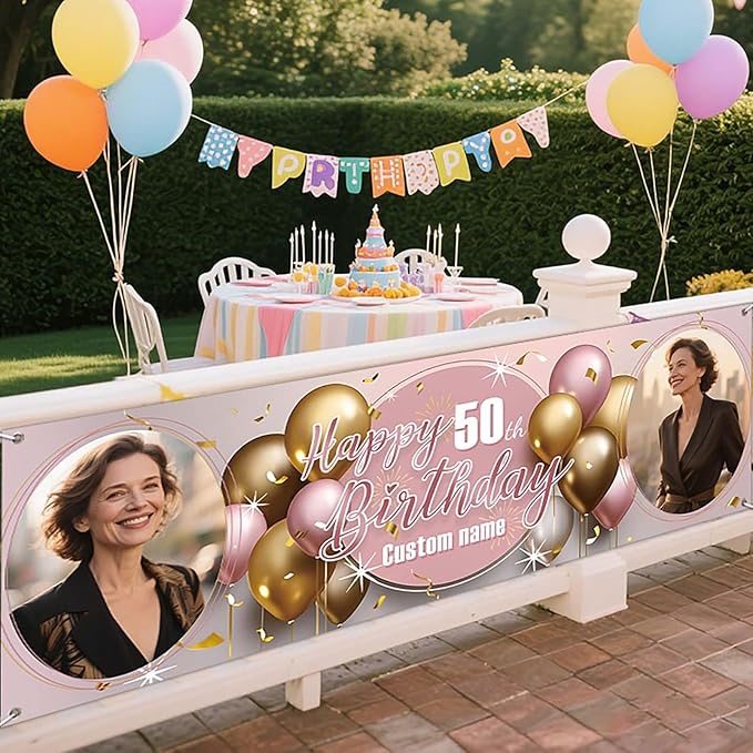 Dicodes Personalized Happy Birthday Banner with Name Custom Photos Birthday Photography Background Decorations Party Supplies for Women Men (Rose Pink-2 Photo)