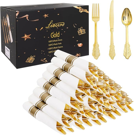 Liacere 400PCS Gold Plastic Silverware - Pre Rolled Napkins Disposable Gold Plastic Cutlery-Premium Quality Utensils-Includes 100Forks,100Knives,100Spoons,100 Napkins & Birthday Party &Events
