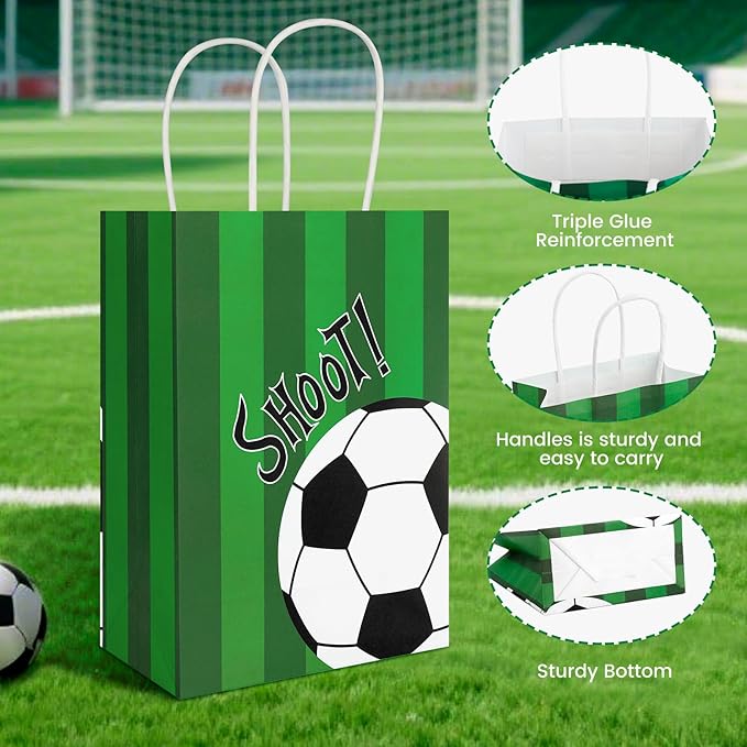 Ethanberg 20Pcs Soccer Party Favor Bags with Handles, Soccer Themed Kraft Paper Gift Bags Candy Bag, Shoot Theme Goodie Bag for Sport Team Ball Events Theme Birthday Party Supplies