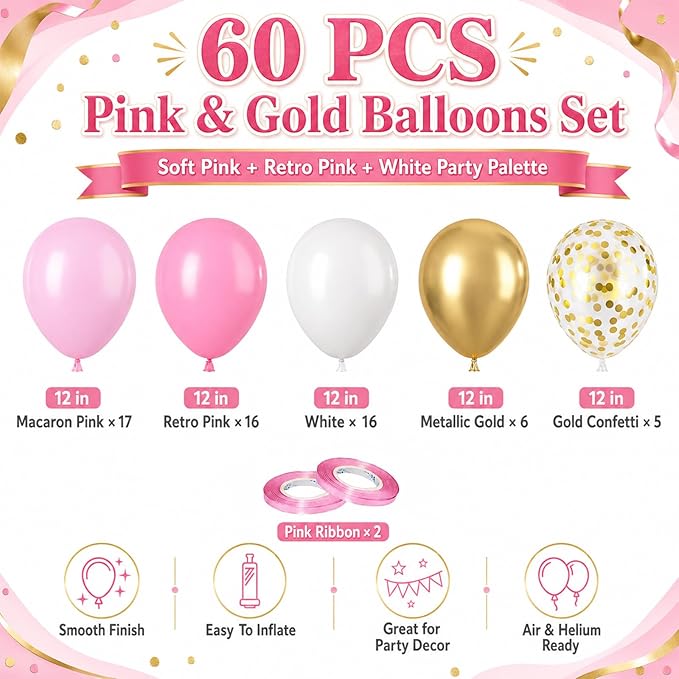 Pink and Gold Balloons 60PCS Pink White and Gold Balloon Set, 12 Inch Metallic Golden Confetti Latex Balloons for Women Girls Birthday Baby Shower Bridal Shower Wedding Princess Party Decor