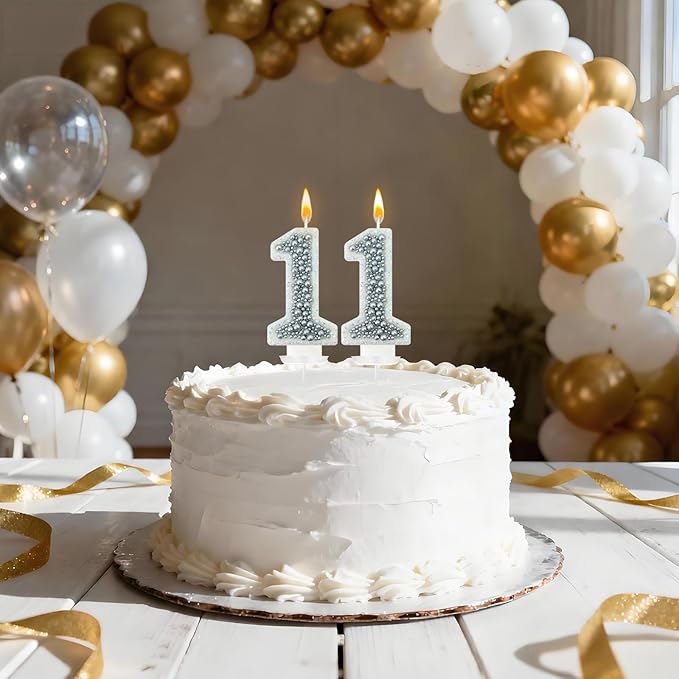 11 Birthday Number Candle for Cake, Glitter Number Candle with Silver Beads, Decorative Cake Topper for Milestone Celebrations