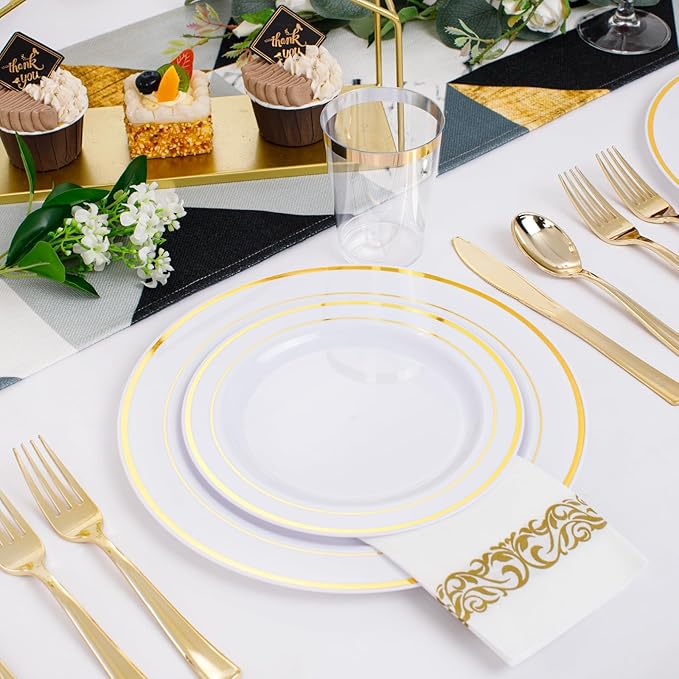 350 Pieces White and Gold Plastic Plates - 50 Guest Dinnerware Set Include 100 Plates, 50 Gold Plastic Silverware, 50 Paper Napkins and 50 Cups for Wedding/Baby Shower/Spring/Birthday/Mother's Day