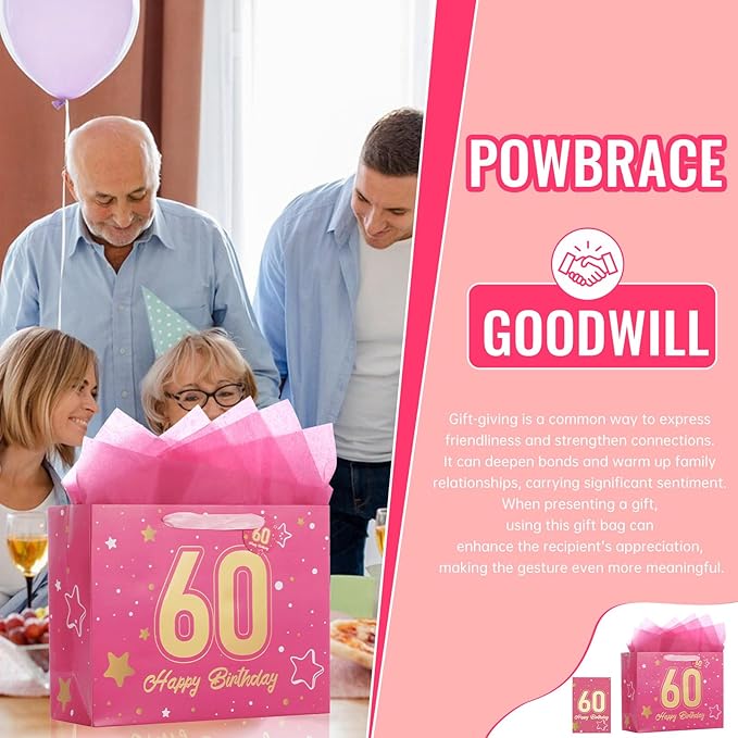 Powbrace 13" Pink 60th Birthday Gift Bag with Tissue Paper and Greeting Card for Party,Happy Birthday Gift Bag for Men Women,Gift Bags Medium size(1 Pink 60th)