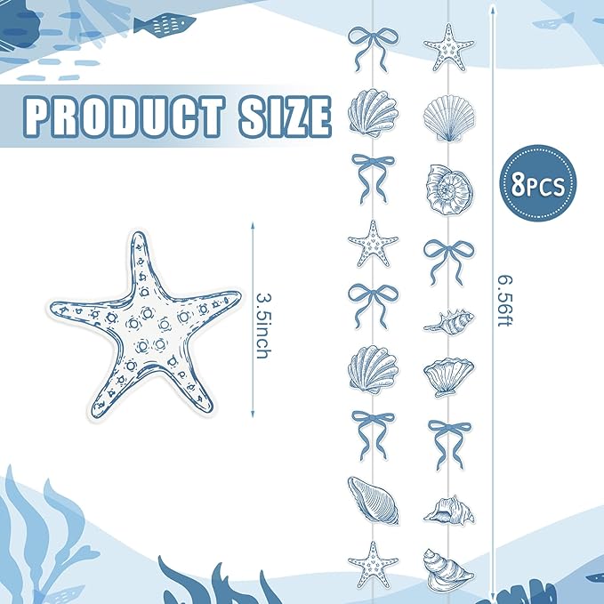 TaoBary 8 Pack Blue Bow Starfish and Seashell Garland 6.56 ft Ocean Coastal Nautical Paper Hanging Decorations Pre Strung Banner for Under the Sea Beach Wedding Mermaid Birthday Party Decorations
