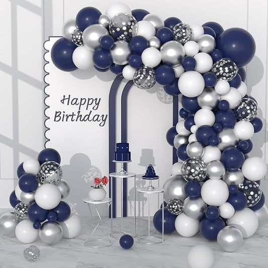 Navy Blue Silver Balloon Arch Garland Kit, 122PCS Navy Blue White Metallic Silver Confetti Balloons for Birthday Graduation Wedding Retirement Anniversary Engagement Father Day Party Decoration